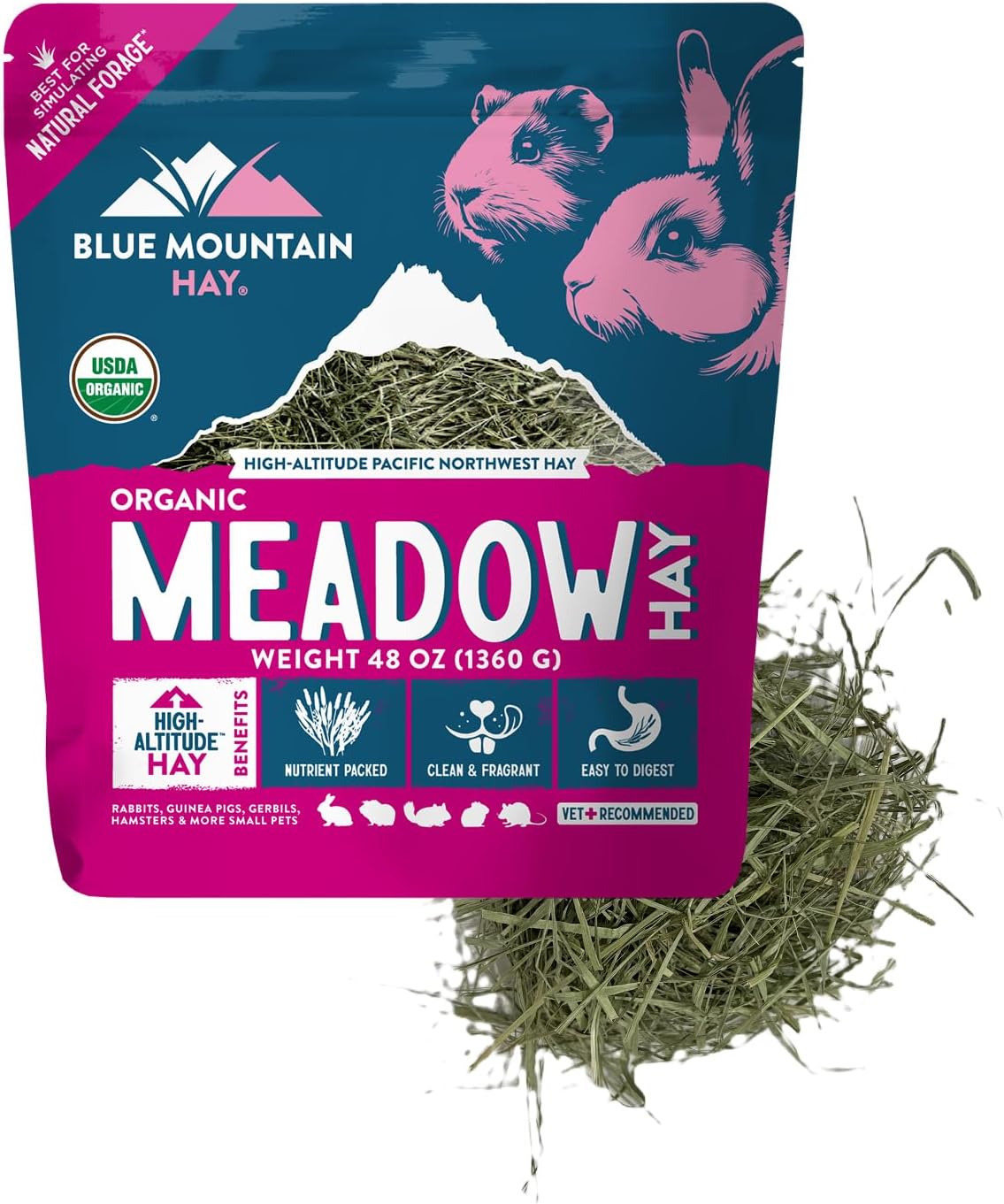 Blue Mountain Hay | Fresh Organic Meadow Hay (48 Ounce) | Mimics Natural Forage | High-Altitude Hay Pet Food for Rabbits, Guinea Pigs, Chinchillas, Hamsters, and Other Small Pets