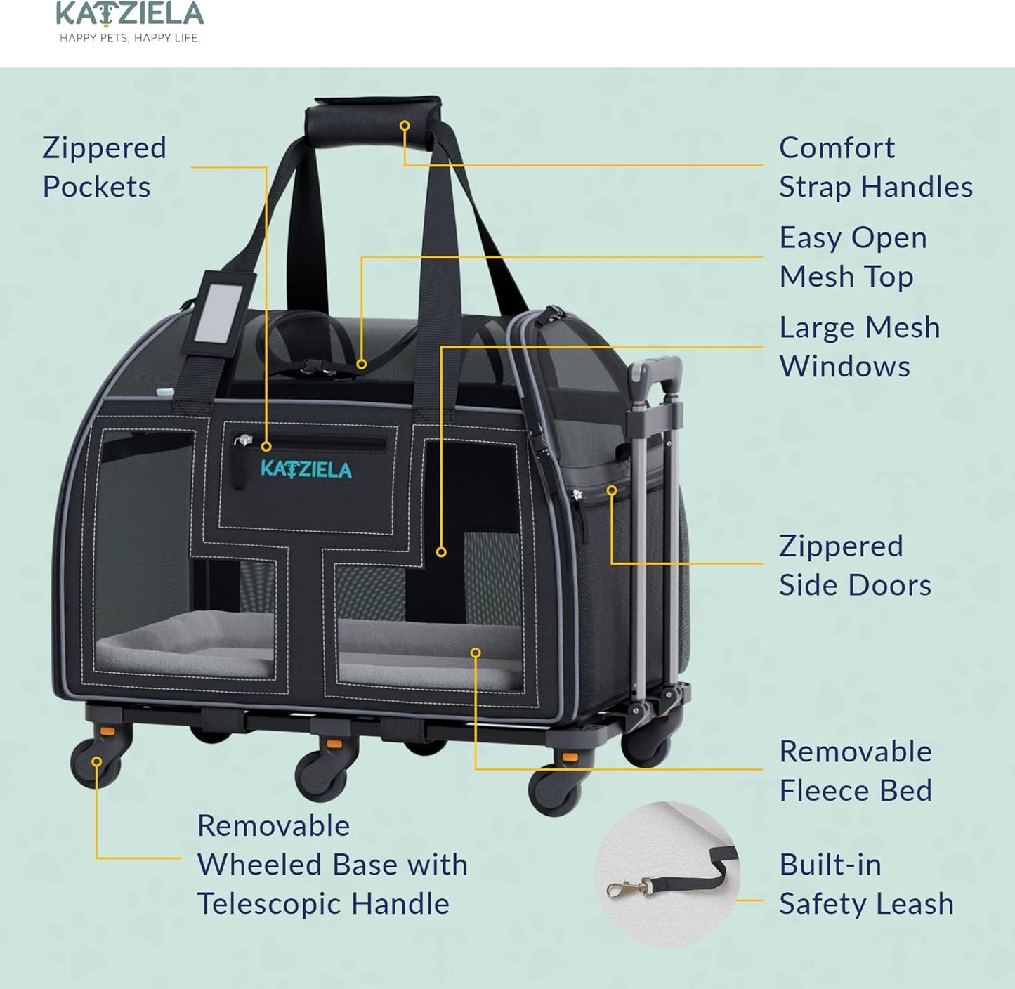 Airline Compliant Pet Carrier - Rolling Portable Travel Carry Crate for Small Dog, Puppy or Cat - Soft Removable Wheeled Design with Mesh Window Sides - Airplane and TSA Compliant- by Katziela