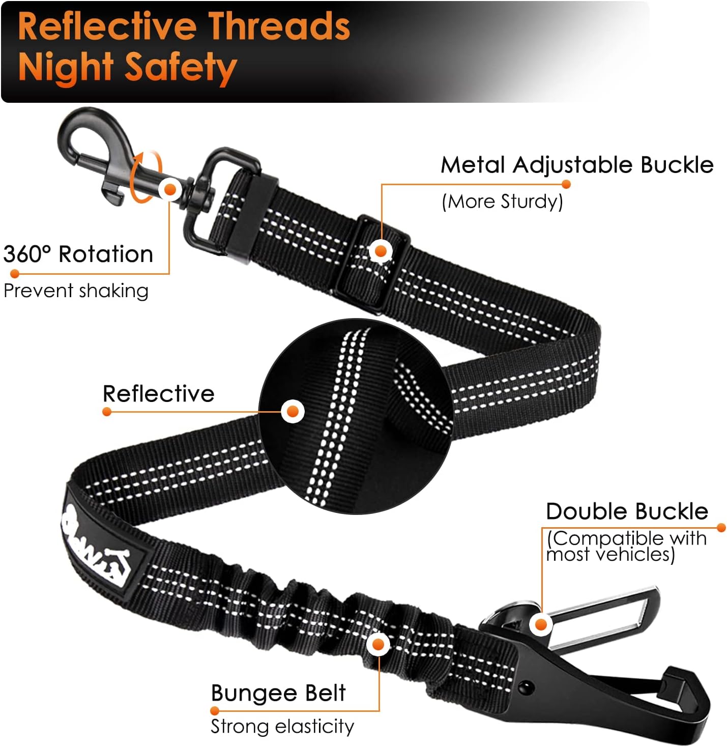 SlowTon Dog Seat Belt, Adjustable Dog Safety Belt Leash, 2 in 1 Latch Bar Attachment Dogs Car Seatbelt with Elastic Nylon Bungee Buffer, Reflective Nylon Belt Tether Connect to Dog Harness(B,35.5in)