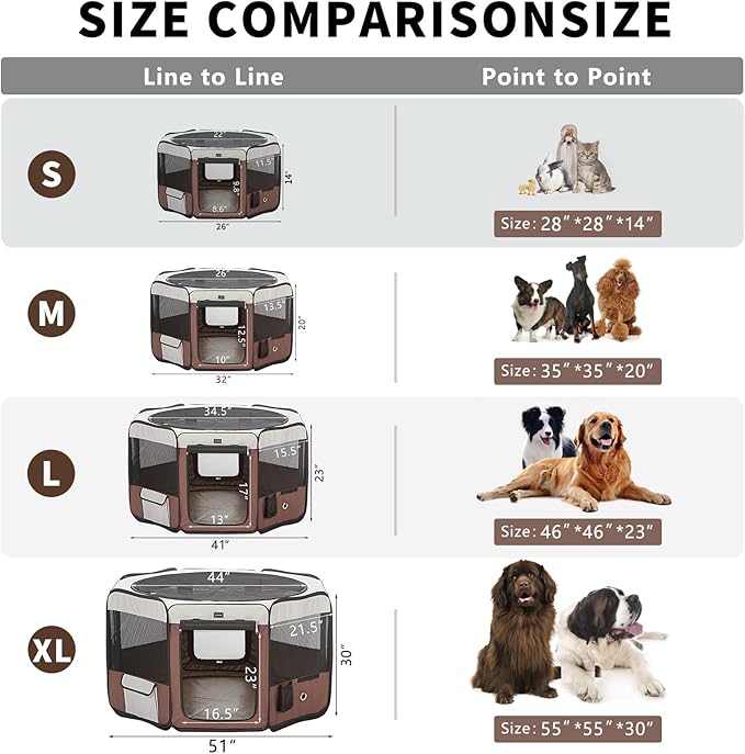 DONORO Dog Playpen Portable Pet Play Pens for Small Dog/Cat/Rabbit/Chicks, Cat Playpen Indoor/Outdoor with Carring Case, Removable Zipper Top and Bottom (Brown, Small (28"x28"x14"), 8)