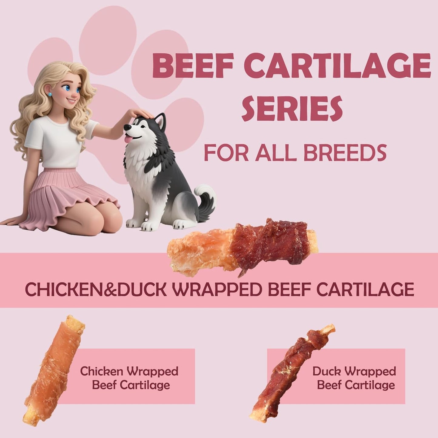 ASMPET Dog Treats, Chicken & Duck Wrapped Beef Cartilage, Rawhide Free & Grain Free Dog Snacks