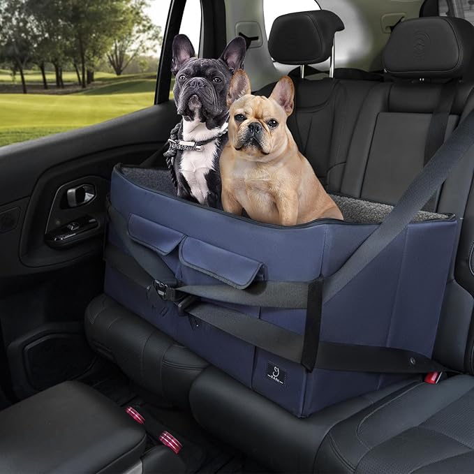 A 4 Pet Dog Car Seat for Medium/Large Dog or 2 Small Dogs, Booster Car Seat with Storage Bags and 2 Seat Belts, Pet Seat for Dogs Under 55 lbs