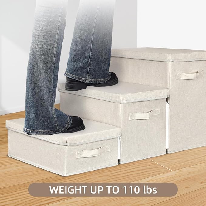 Pet Stairs with Storage, Pet Step for Small Dogs and Cats, 3-Step Folding Pet Steps with Zip, Cat Stairs Dog Steps for Bed, Couch and Car Ramp (Beige, 3 Steps no Condo)