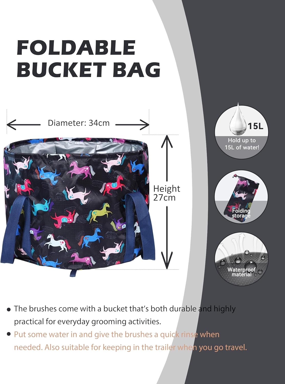 Harrison Howard Horse Grooming Kit 11-Piece Equine Care Series Horse Brush Sets with Organizer Tote Bag Tack Room Supplies Shedding Grooming Massaging Tools Black Brushstroke Ponies