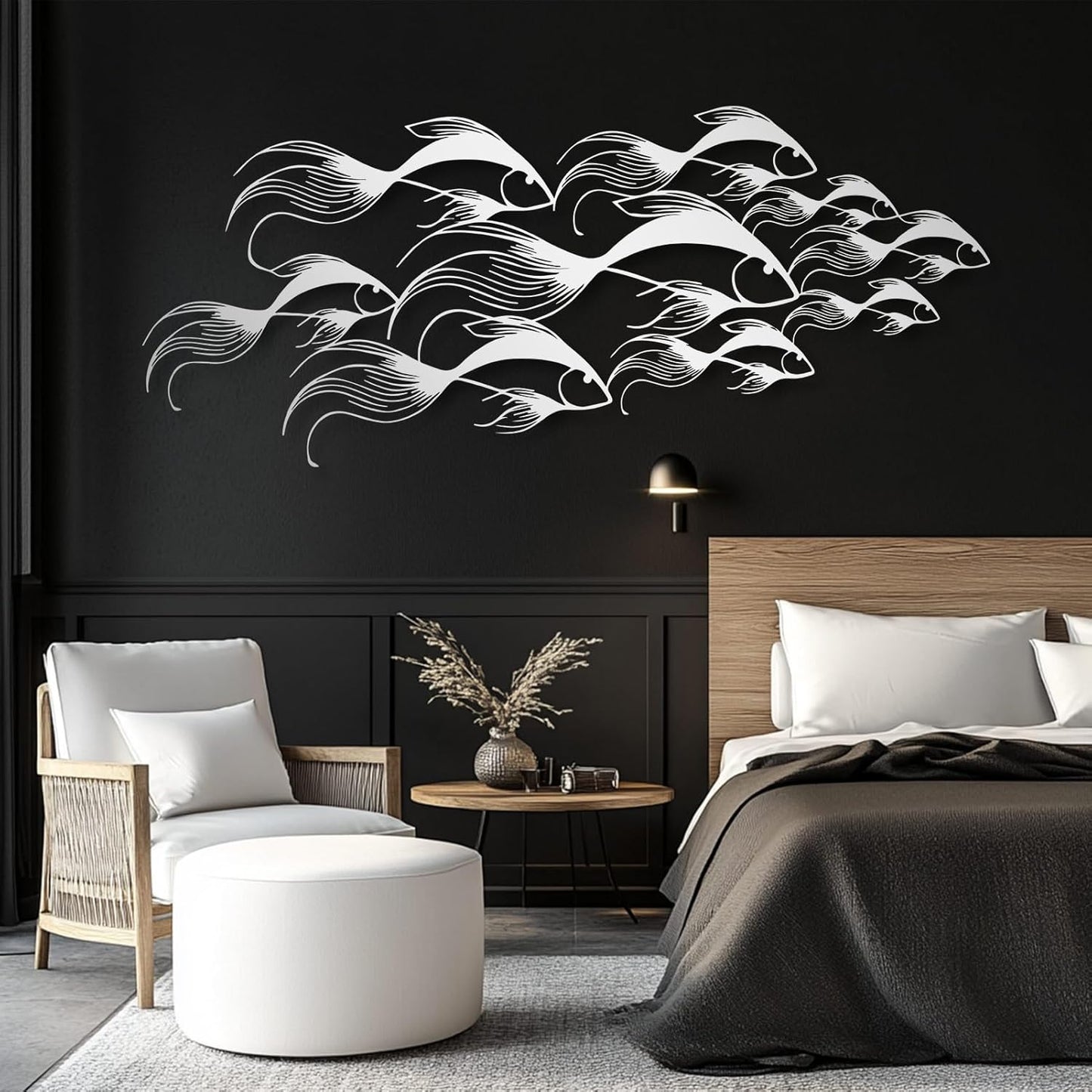 School of Fish Metal Wall Art, Metal Fish Wall Decor, Sea Life Wall Art, Large Nautical Wall Hanging, Modern Beach House Wall Decor, Ocean Themed Artwork for Bathroom (Silver, 35"x15" | 90x38cm)