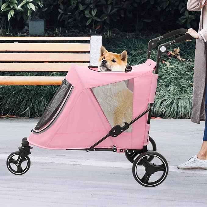 Athena Collection 3 Wheels Pet Stroller Fabric Dog Cart Dog Stroller for Large Dogs 55 Lbs Pet Stroller with Mesh Windows, Zipper Back Pocket, Safety Tether, Angle Adjustable Handlebar, Pink