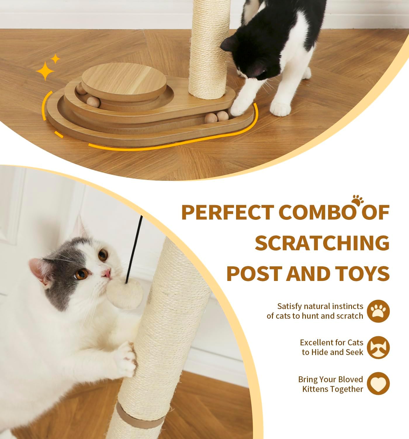 Made4Pets Cat Scratching Post Cat Scratcher Kitten Toys for Indoor Cats Wooden Ball Track Two-Layer Modern Sisal 32" Tall Scratch Post Interactive Toy with Dangling Ball Large Size