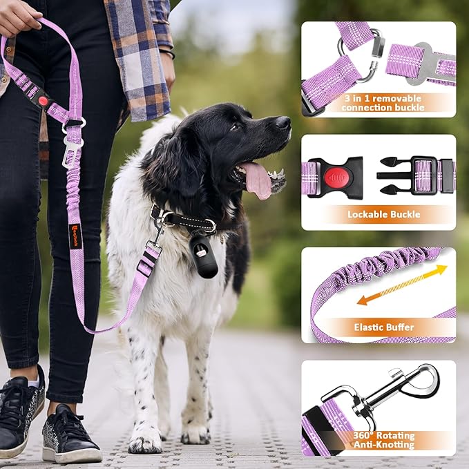 Removable Dog Seat Belt Harness for Car, 3 in 1 Pet Dog Car Seatbelt Leash, Retractable Restraint Secures to Vehicle Headrest & Adjustable Reflective Bungee Dog Seatbelt Tether, Purple and Black