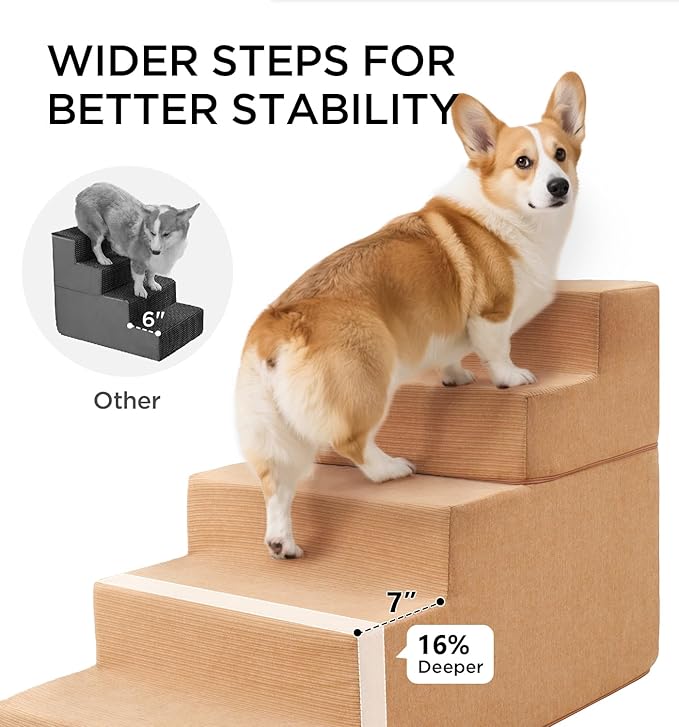 Made4Pets Dog Stairs for Small Dogs, Extra Wide Dog Steps for Bed Couch Sofa and Chair, 35D Foam Pet Steps for Small Dogs and Cats, Non-Slip Bottom Pet Stairs, Tan, 3 Steps