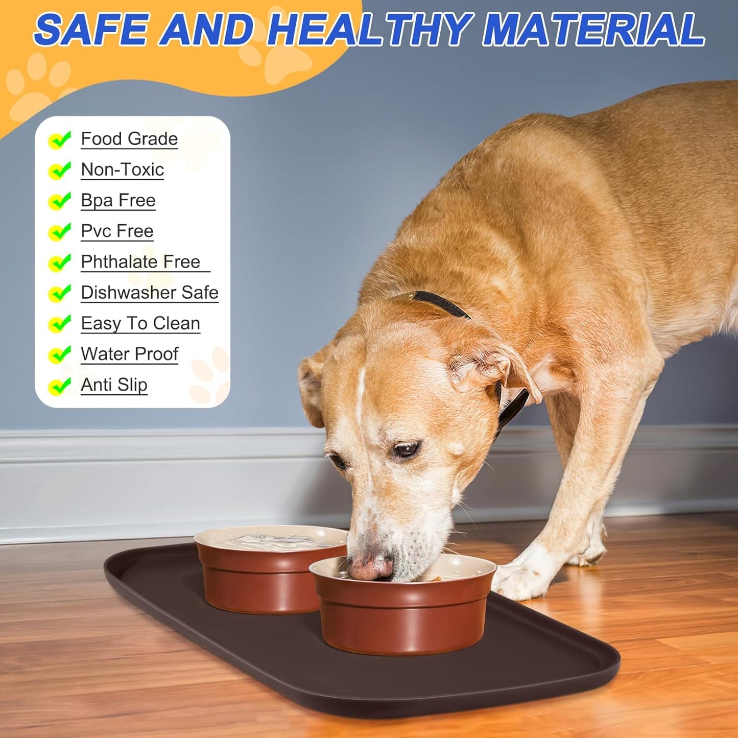 Silicone Pet Feeding Mat with Raised Edge for Food and Water, Dog Bowl Mats, Cat Bowls Placemat with High Lip for Floor Waterproof, Rubber Tray for Cats and Dogs 22 x 14 x0.8 Dark Brown