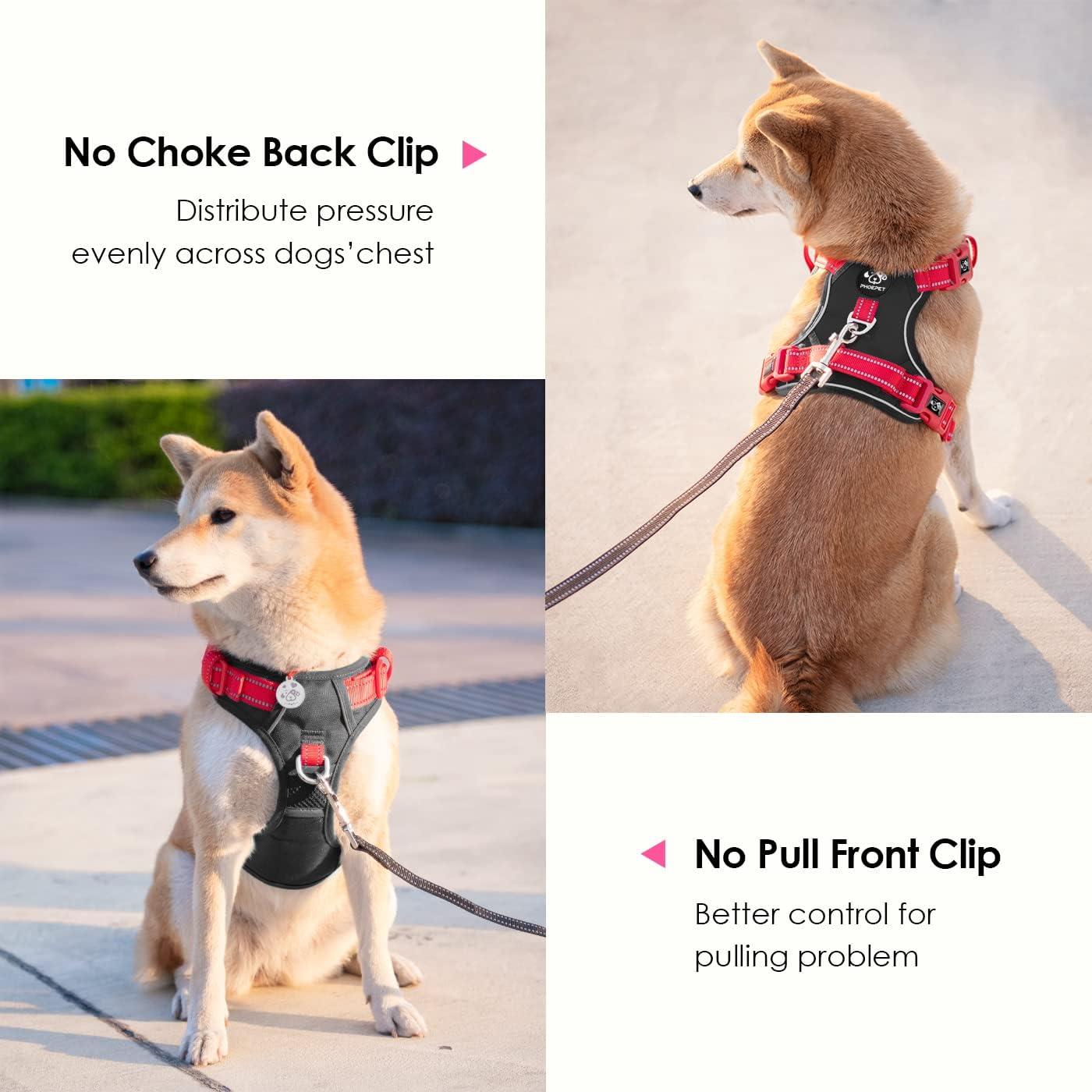 PHOEPET No Pull Dog Harness, Unique Colors Reflective Adjustable Dog Vest, with Soft Training Handle Metal Clips for Small Medium Large Dogs (Black Base & Red Straps,XL)