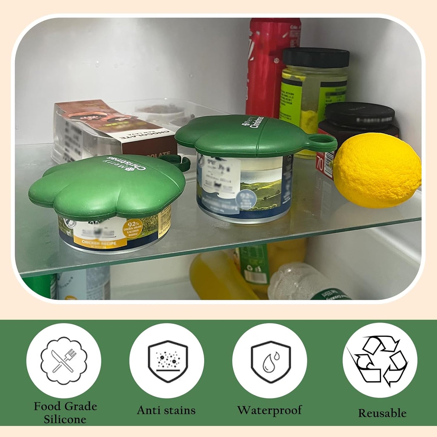 Christmas Pet Set - 3 Cat Food Can Lids & 1 BPA-Free Opener | Cute Paw Shape Can Covers and Opener Spatula Spoon for Wet Food | Silicone Spoon & Covers for Dog Cat - Paw Green