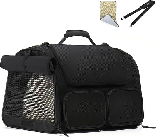 FUKUMARU Cat Carrier, 4 Mesh Windows Small Dog Carrier, 4 Storage Pockets Cat Travel Bag, Under 15 lb Airline Approved Pet Carrier, Rollable Cover for Nervous Cats, Black