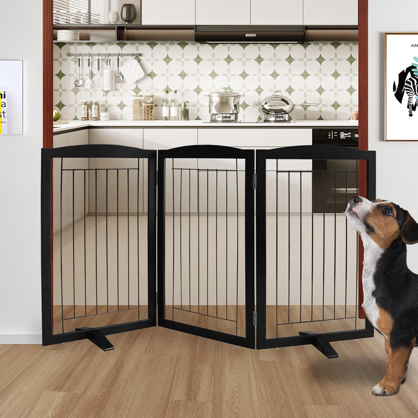 ZJSF Freestanding Dog Fence Indoor, Foldable Dog Gate for Doorways, Stairs or Hallways, Sturdy Wood Extra Wide Pet Gate with Support Feet for The House, Black, 32 "Height-3 Panels