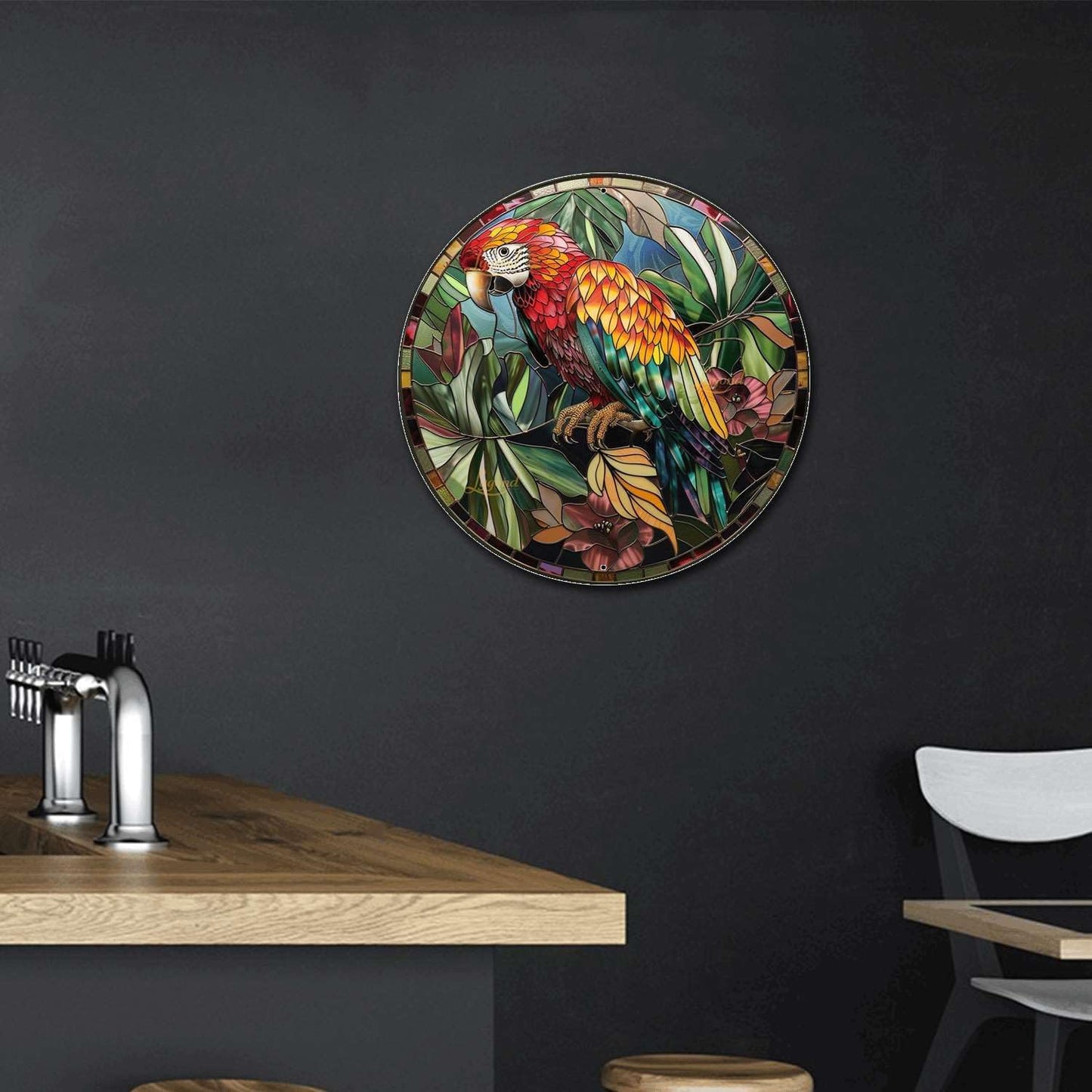 Lygond Metal Sign Tin Sign Circular Stained Glass Parrot Funny Outdoor Decor for Restaurant 12×12 Inches