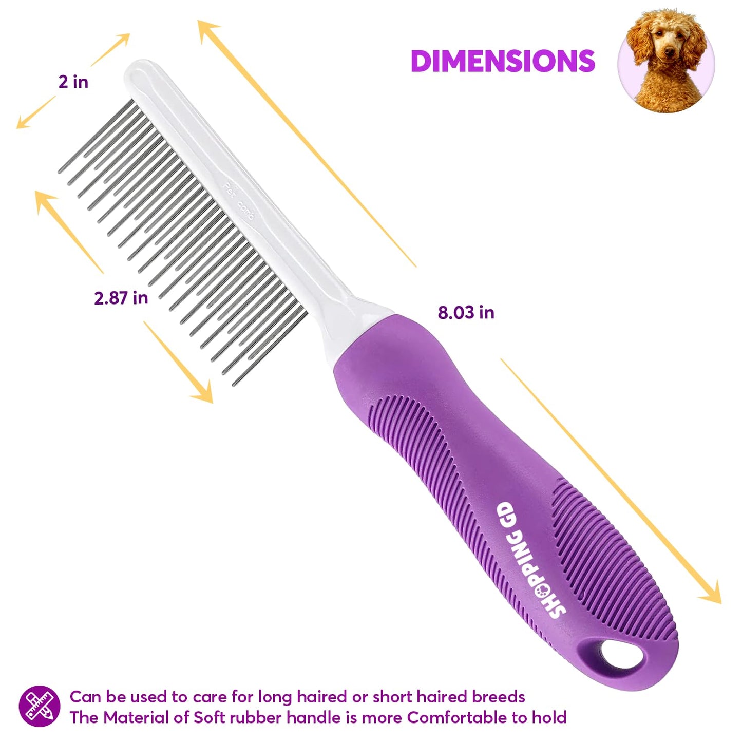 Detangling Pet Comb for Dogs & Cats with Long & Short Stainless Steel Metal Teeth for Removes Tangles and Knots - Detangler Grooming Tool for Dematting Matted Fur.