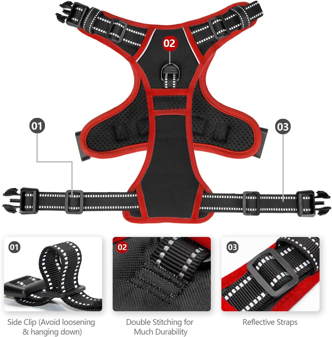 PHOEPET 2019 Upgraded No Pull Dog Harness, Reflective Adjustable Vest, with a Training Handle + 2 Metal Leash Hooks+ 3 Snap Buckles +4 Slide Buckles(XS, Black)