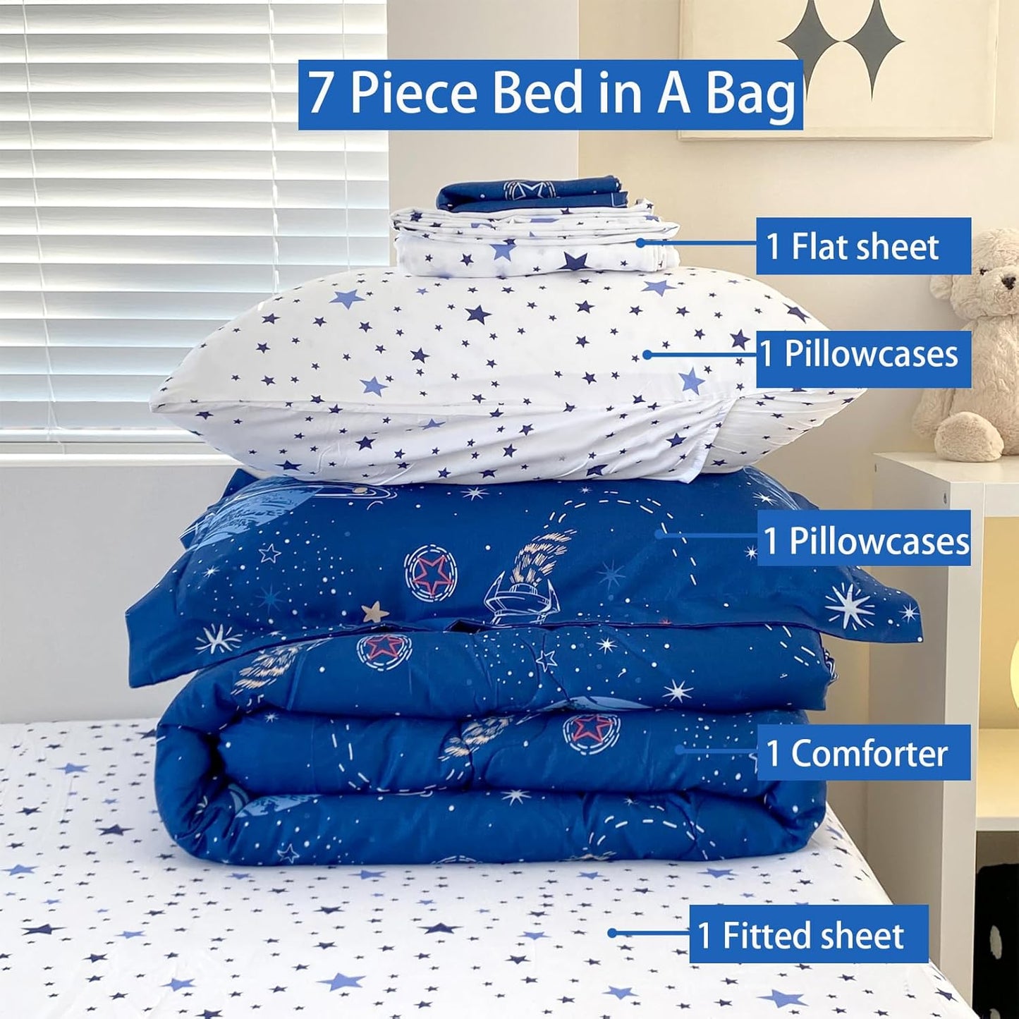 7 Piece Boys Space Comforter Set Twin Size Bed in A Bag Star Rocket Galaxy Universe Planets Bedding Set for Kids Teens Girls Microfiber Blue Quilt All Season