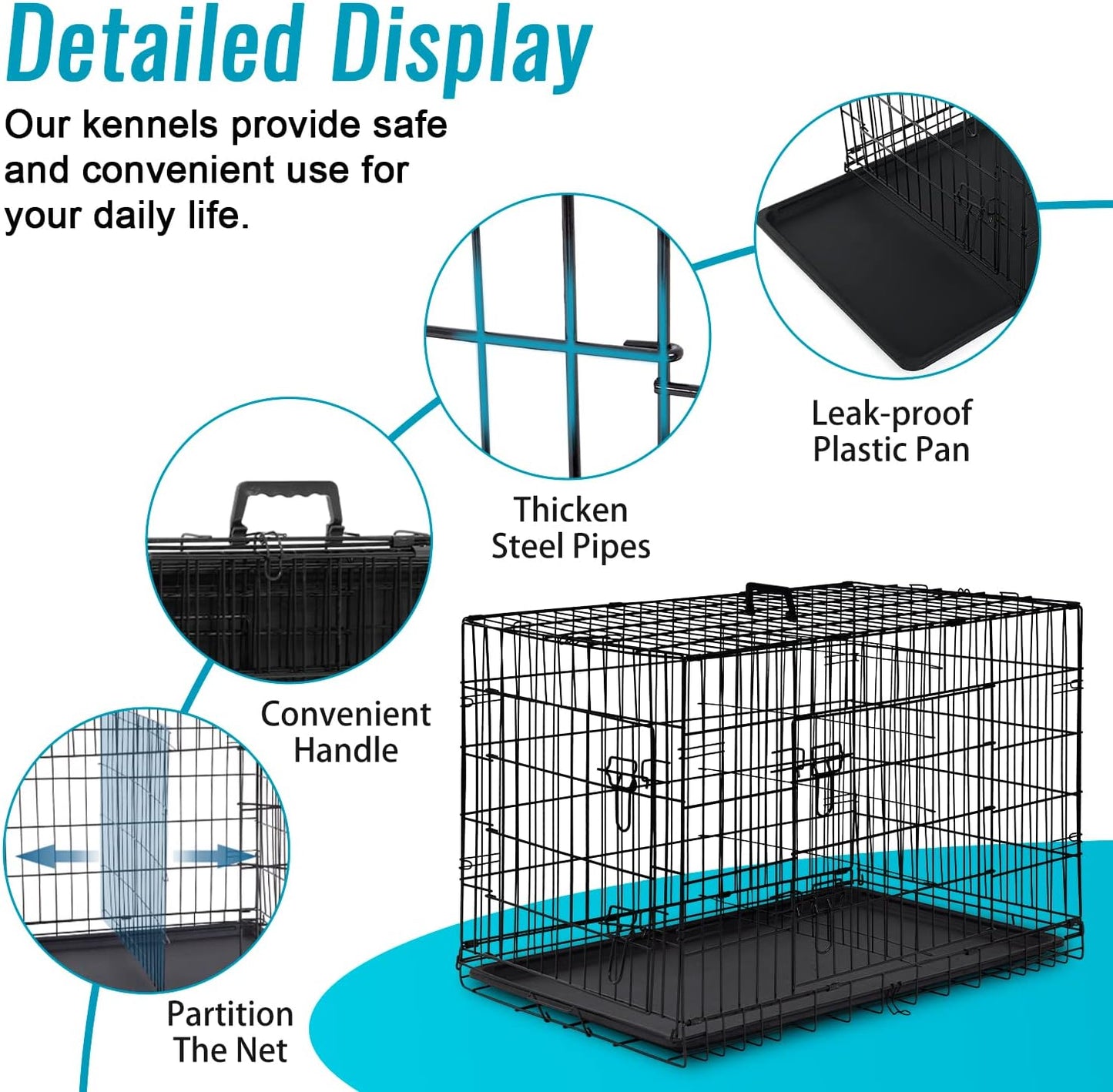FDW Dog Crate for Small Dogs 24 Inch Folding Metal WirePet Cage Double Door W/Divider Panel Indoor Outdoor Kennel Leak-Proof Plastic Tray,Black