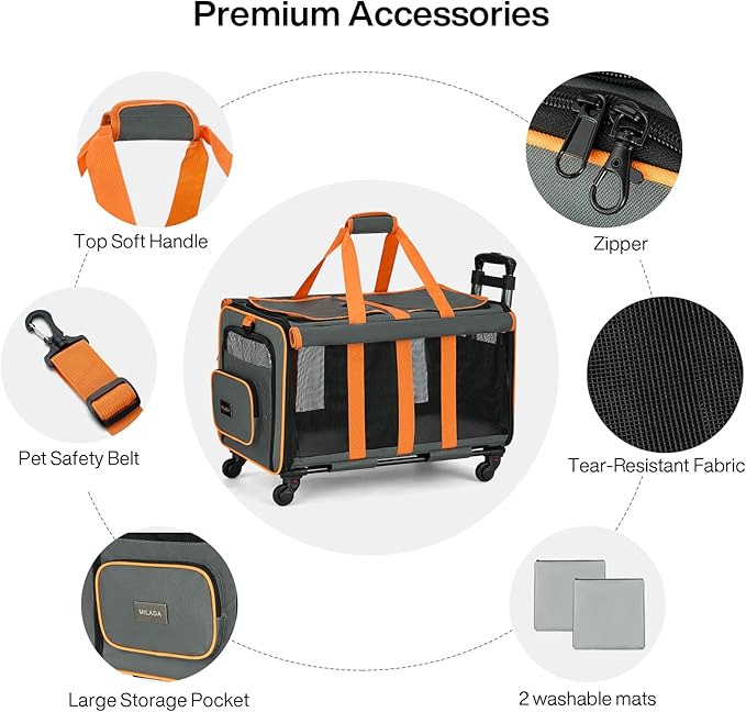 MILADA Large Cat Carrier for 2 Cats, Soft Big Pet Carrier with Wheels, Double Cat Carrier on Wheels, Rolling Pet Carrier for Travel Hiking Shopping and Camping（Not for Air Travel）, Orange