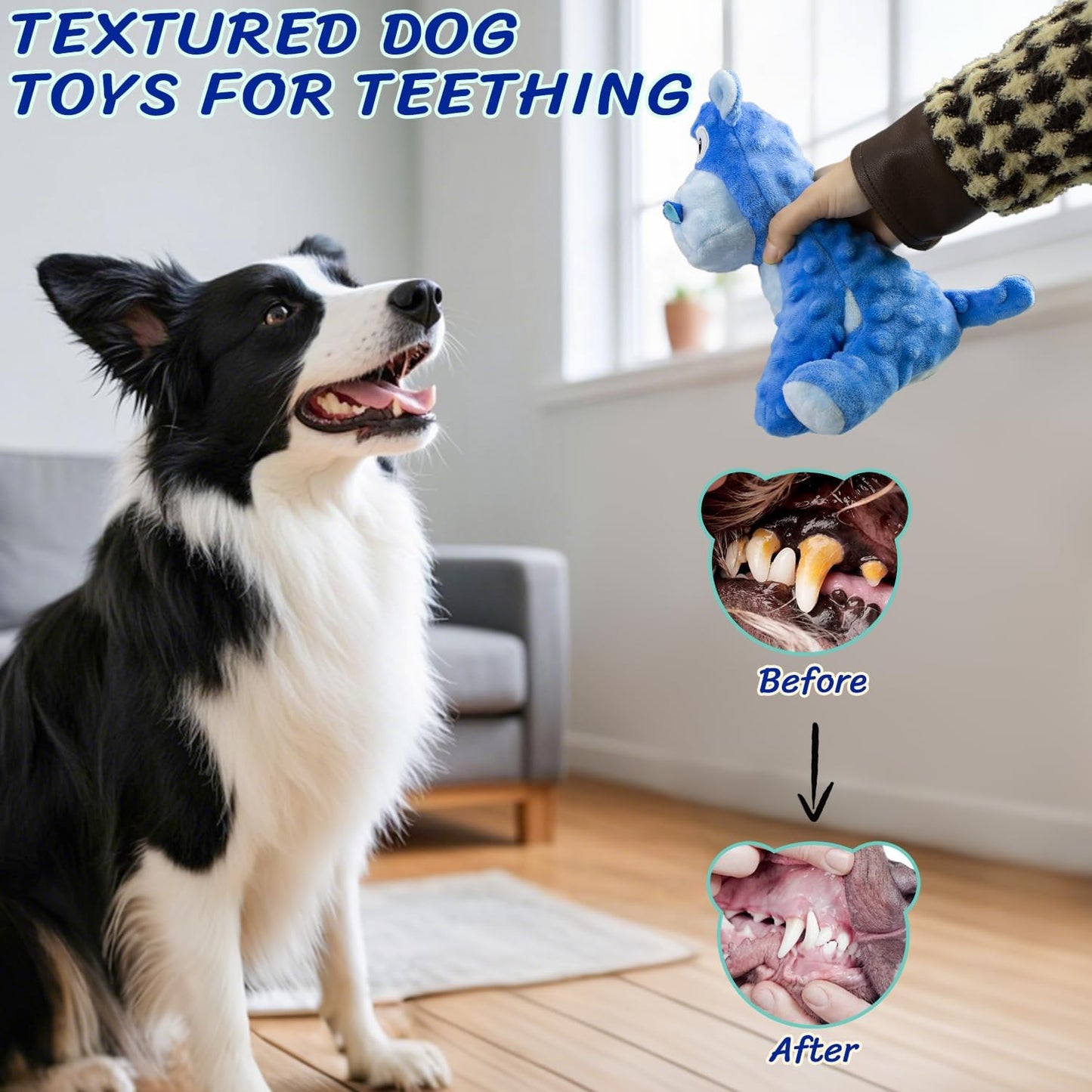 Squeaky Stuffed Dog Toys, Chew Toy for Large Medium Small Breeds, Plush Dog Toys to Keep Them Busy, Puppy Teething Dog Toy, Crinkle Dog Toy (Blue Hippo)