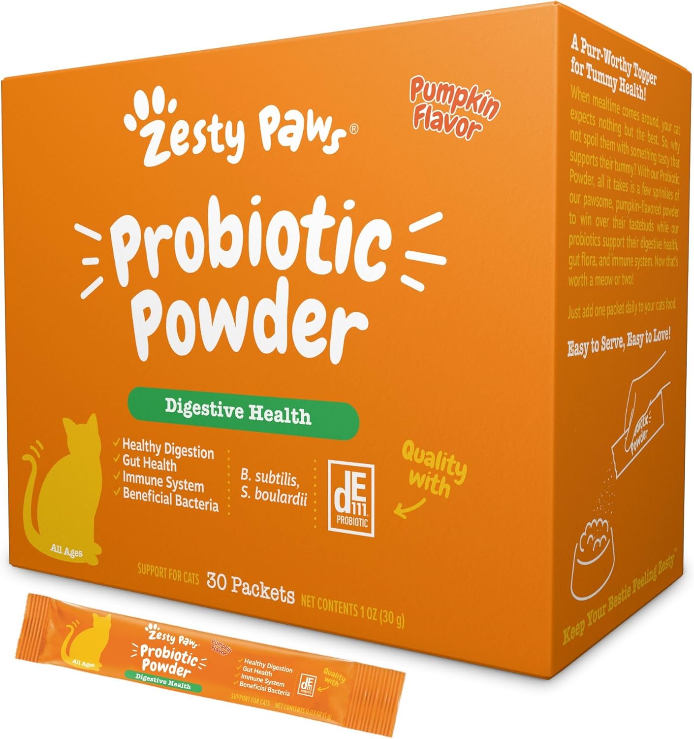 Zesty Paws Probiotics for Cats - Powder Meal Topper for Digestive, Immune System Support for Feline Biome - Premium DE111 Cat Probiotics for Digestive Health - Fiber & Yeast Extract - Pumpkin - 30 Ct