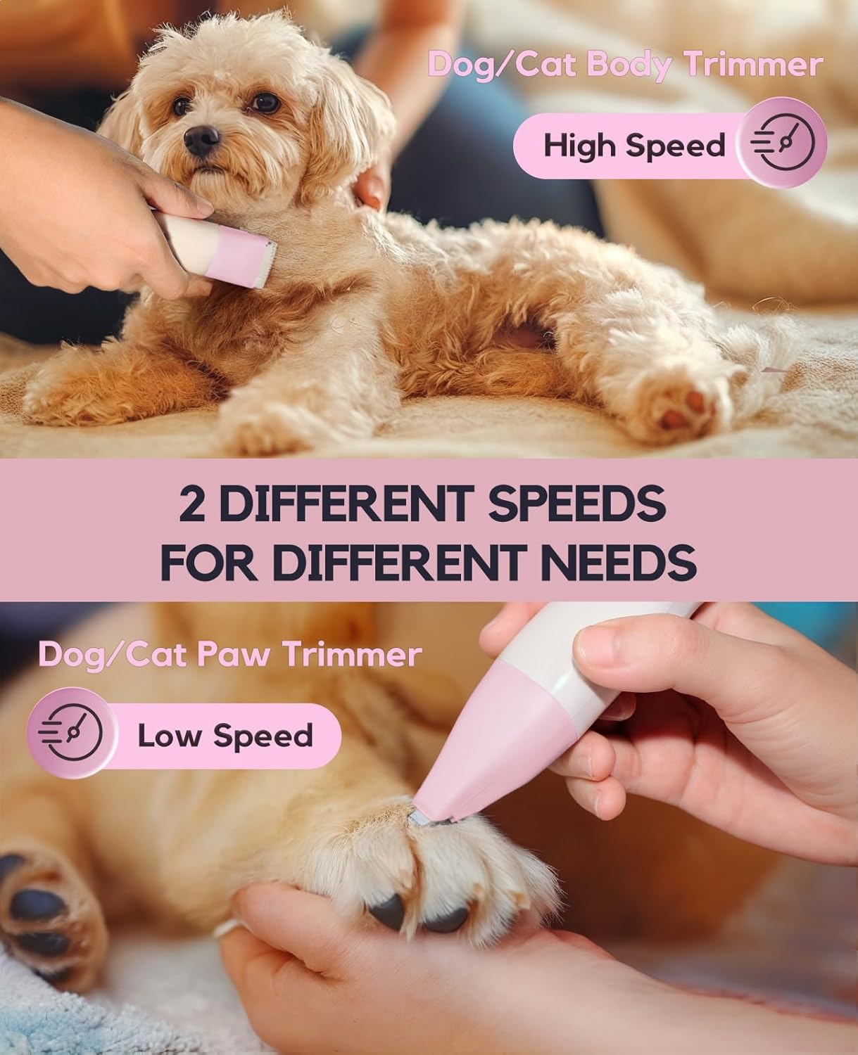 Dog Clippers Grooming Kit, 4 in 1 Quiet Cordless Dog Paw Trimmer & Nail Grinder, Small Cat Clippers Electric Rechargeable Low Noise Pet Shaver for Trimming Hair on Paw Eye Ear Face Rump (Pink)