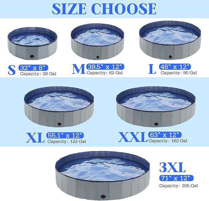 Foldable Dog Bath Swimming Pool Plastic Kiddie Pool Professional Tub Collapsible Grooming Bathtub for Pets Kids Baby and Toddler, 39.5 x 12 Inches Gray