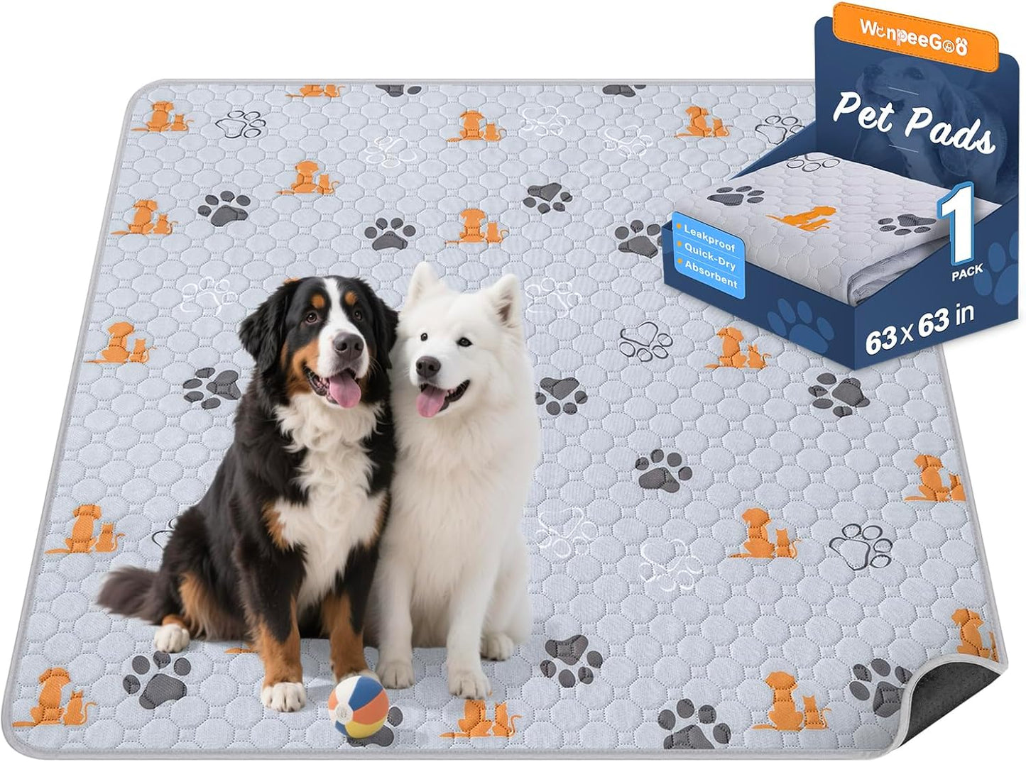 Washable Pee Pads for Dogs, 1 Pack Absorbent Reusable Training Dog Pads Pet Puppy Pads, Non-Slip Potty Pads for Whelping, Playpen, Crate, Bed, Orange, 63"x63"