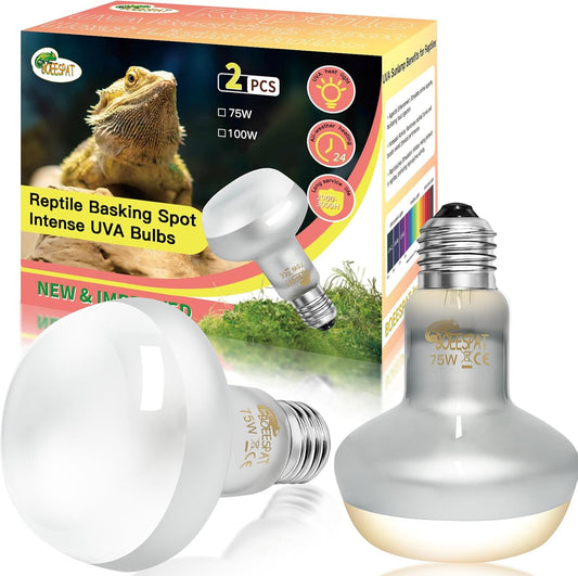 Intense 75W UVA Daylight Heat Lamp Bulbs for Basking - Simulated Sunlight Perfect for Desert-Dwelling Reptiles and Amphibians Like Bearded Dragons, Geckos, Iguanas, Lizards, (Pack of 2)