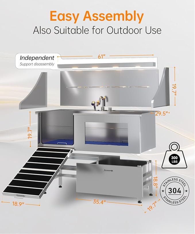 polimo Dog Washing Station, LED Professional Stainless Steel Dog Bathing Station 61", Dog Grooming Tub for Large, Medium & Small Dog - with Window, Ramp, Drawer, Floor Grate & Faucet (Left RAMP, 61")