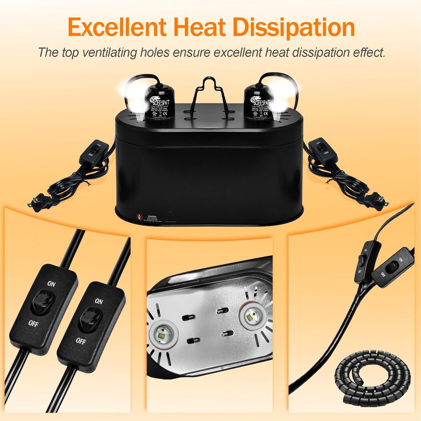 Dual Reptile Reflector Dome Lamp Fixture Cap with Separate Switches for Reptile & Amphibian Habitat Terrariums (Max 150W)