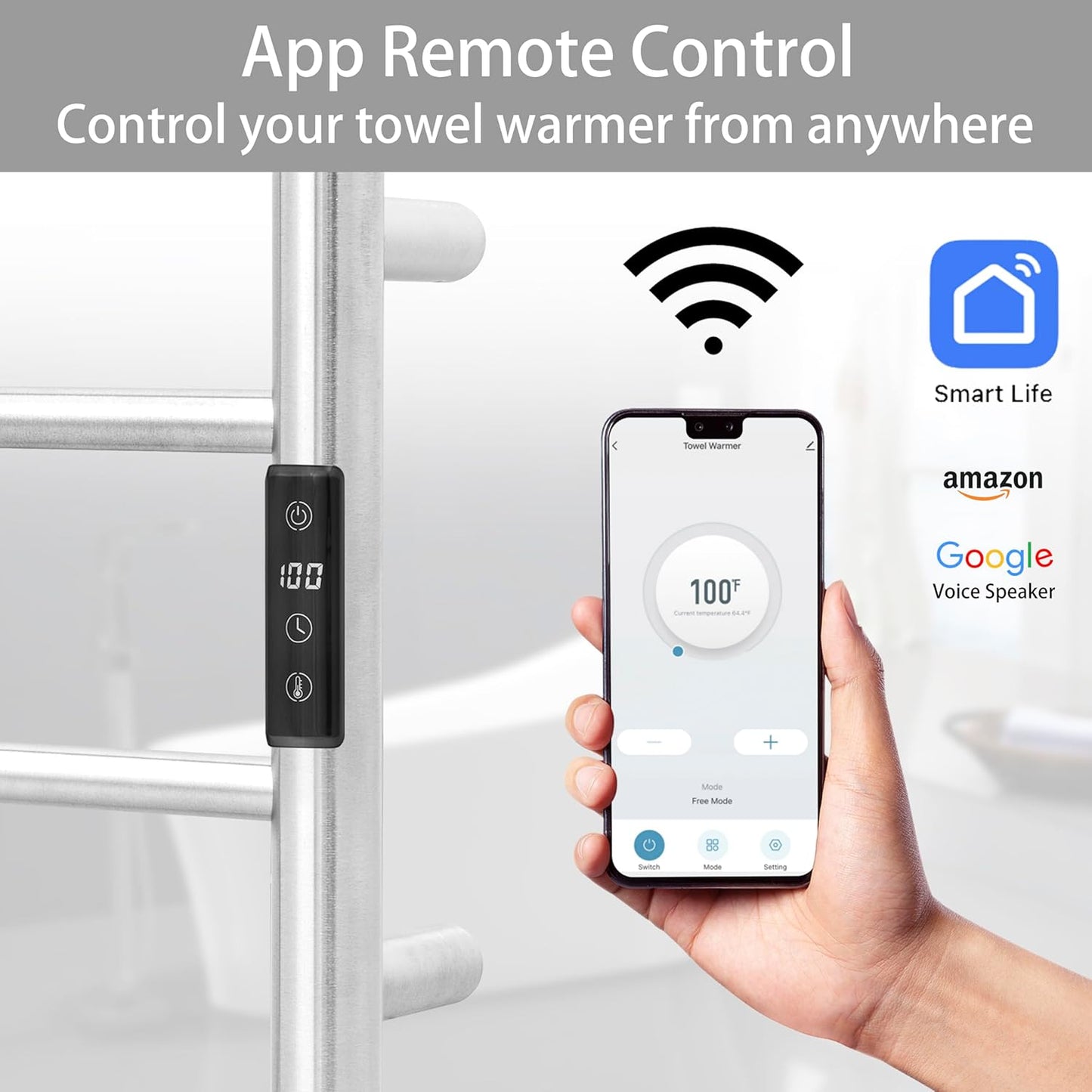 KEG Smart WiFi Towel Warmer Wall Mounted with Built-in Timer and Temperature Adjust Control, 8 Bars Electric Stainless Steel Heated Towel Racks for Bathroom Brushed Nickel