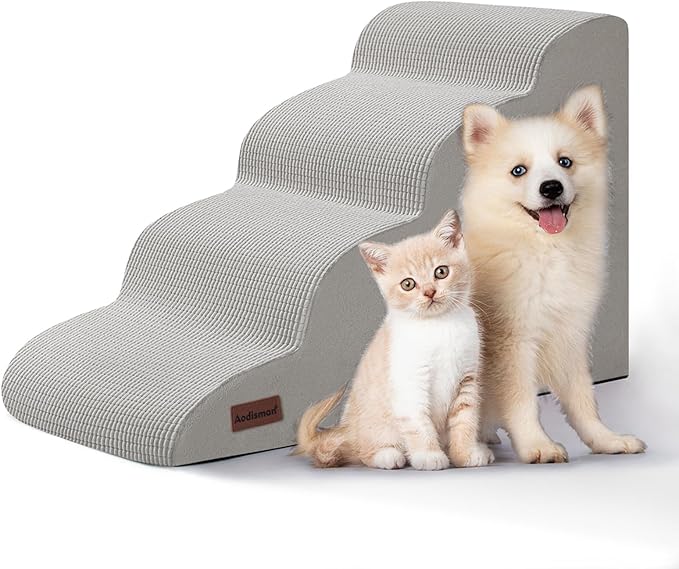 4-Step Dog Stairs and Ramp for Beds or Couches,Non-Slip Sturdy Pet Steps for Small Dogs and Cats,17.4" H,Light Grey
