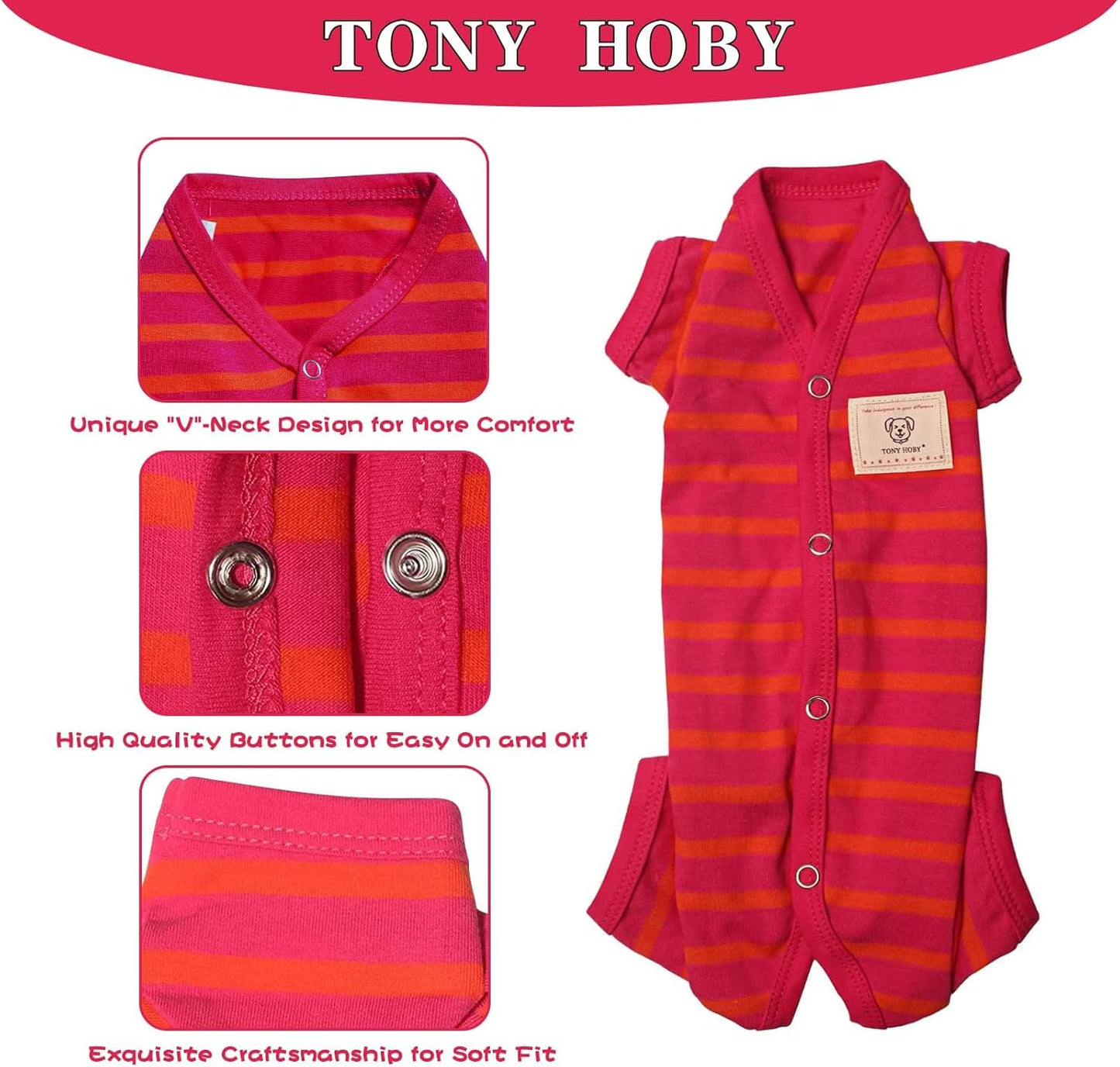 TONY HOBY Dog Pajamas, Female/Male Dog 4 Legged Pajamas, Soft Cotton Dogs Jumpsuit with Stripes (Rose Red&Orange, Girl, XS)