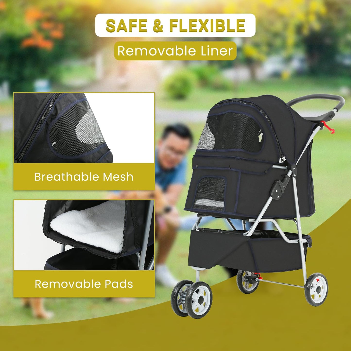 Pet Stroller Dog Stroller Portable Travel 3 Wheel Foldable Cat Stroller with Storage Basket and Cup Holder for Small and Medium Cats,Dogs,Puppy,Black