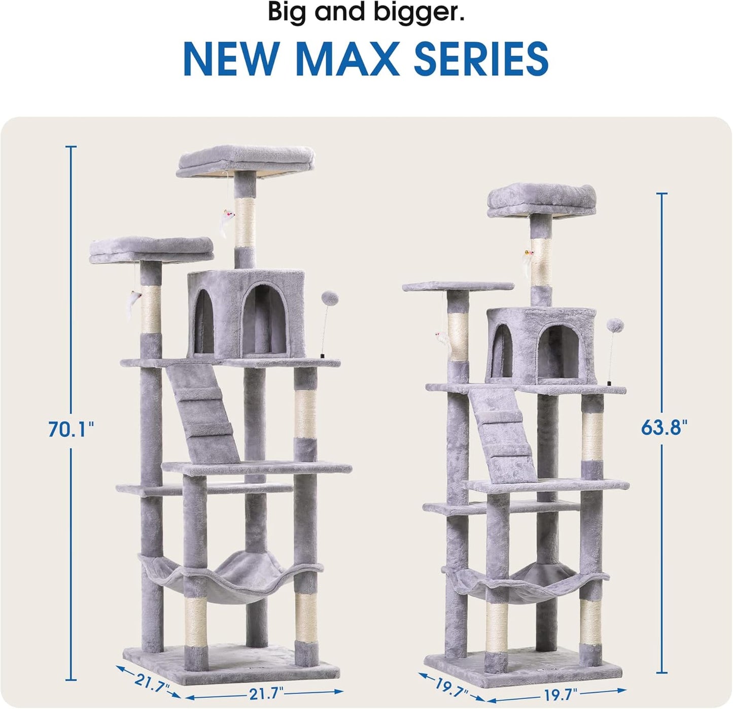 MWPO 70.1-Inch Large Cat Tree, Multi-Level Tall Cat Tower for Indoor Cats, Plush Cat Condo with Big Padded Perches, Sisal-Covered Scratching Posts, Hammock, Toys for Kittens & Cats - Light Grey