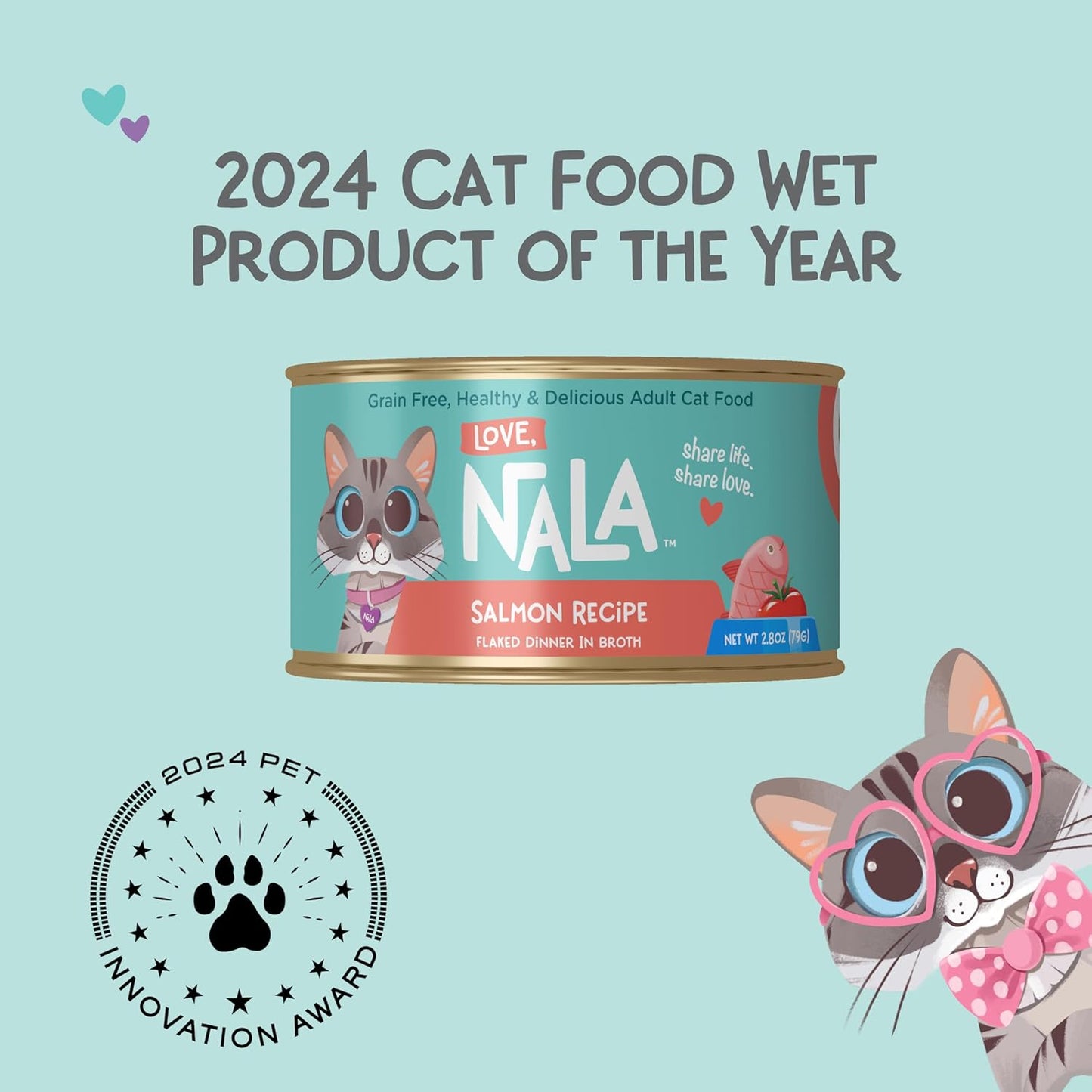 LOVE, NALA - Natural Adult Cat Wet Food - FLAKED Salmon in Broth - Grain Free, Non-GMO, Lean Protein with Omega 3, Added Minerals & Vitamins - 12 Pack, 2.4 lbs.