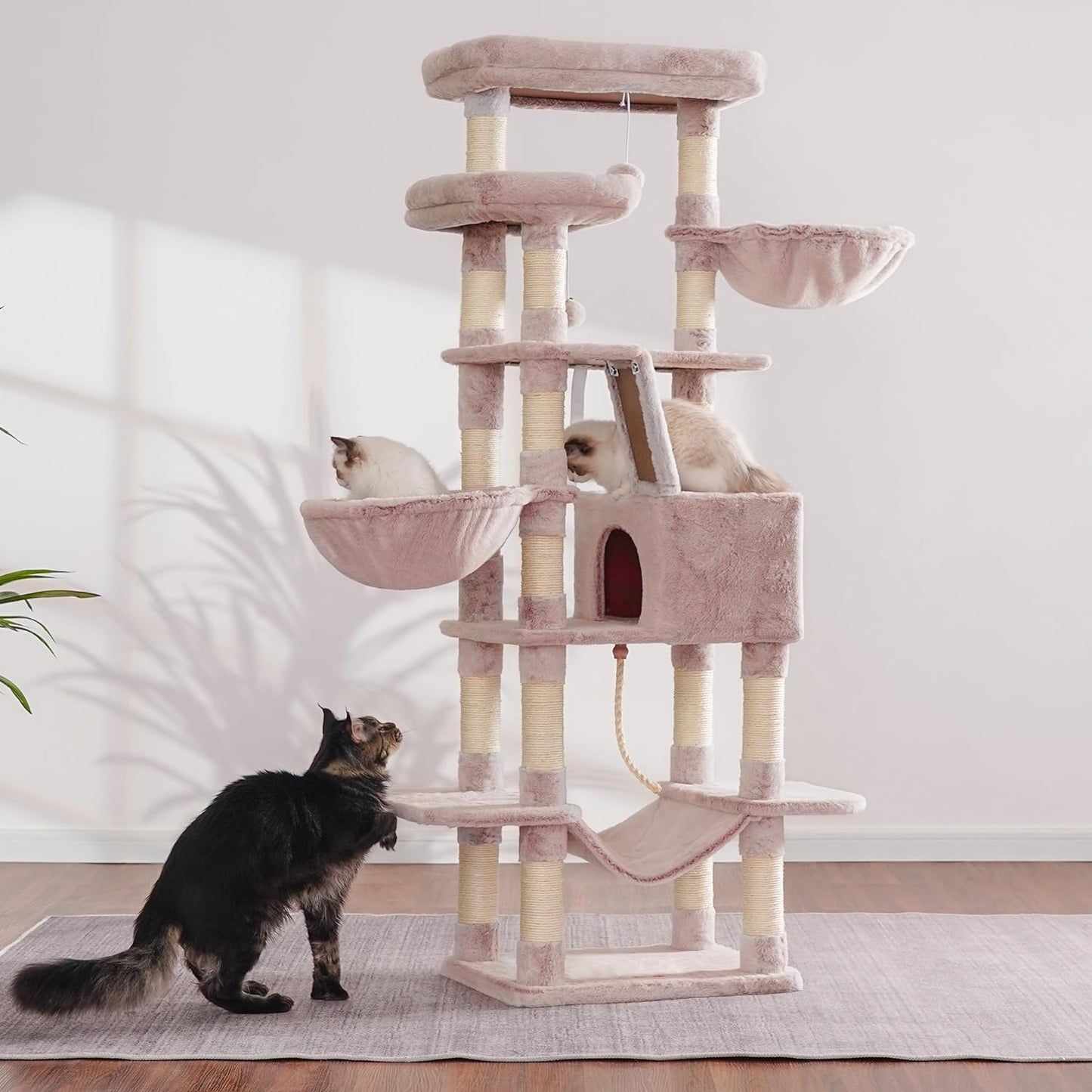 Heybly Cat Tree, 68 inch Multi-Level Cat Tower for Indoor Cats, 2 Widened Plush Perches Cat Condo with Scratching Board and Big Caves, Muchroom HCT025MU