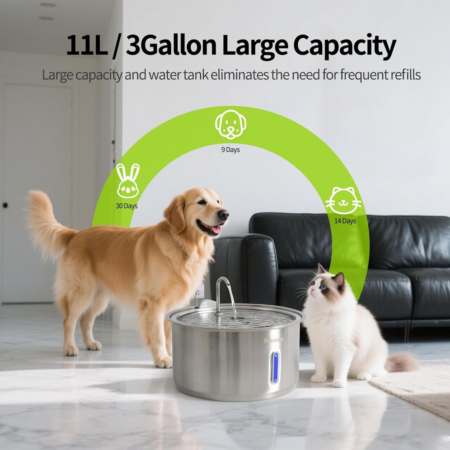 Large Dog Water Fountain, Petsamuse 11L/2.8Gal Automatic Circulating Stainless Steel Water Bowl Dispenser with 15 Replacement Filters, 2 Ultra Quiet Pumps, 2 Spray Modes and a Brush for Multi-Pet