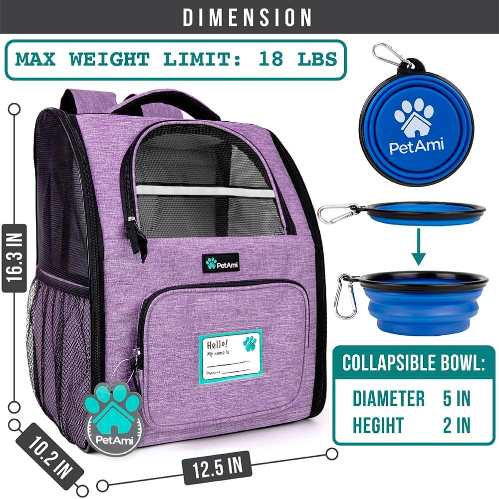 PetAmi Dog Backpack Carrier for Small Large Cat, Pet, Puppy, Ventilated Pet Hiking Backpack Travel Bag, Airline Approved Cat Backpack Carrier, Camping Biking Dog Bag Up to 18lbs Pet, Purple