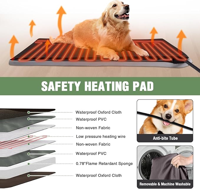 Heated Dog House Outdoor with Insulated Liner in Winter, Weatherproof Puppy Kennel with Anti-Chewing Metal Frame, Dog Shelter for Large, Medium and Small Dogs (Brown, 50.9'' Large)