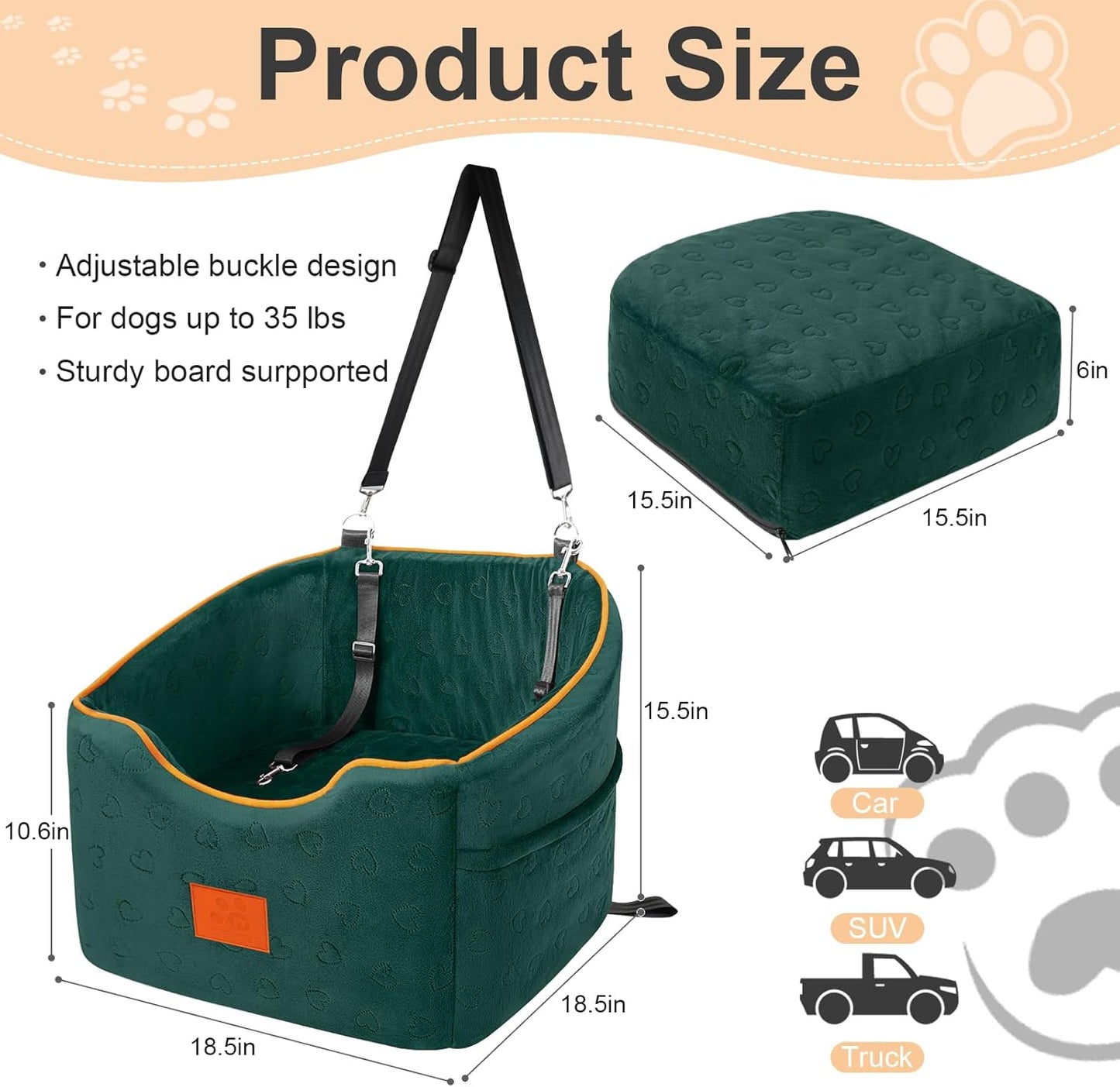 Dog Car Seat for Small Dogs, Memory Foam Booster Dog Seat for Dogs up to 35 lbs, Elevated Pet Car Seat, Travel Safety Pet Seat with Washable Removable Cover, Storage Pockets (Green)