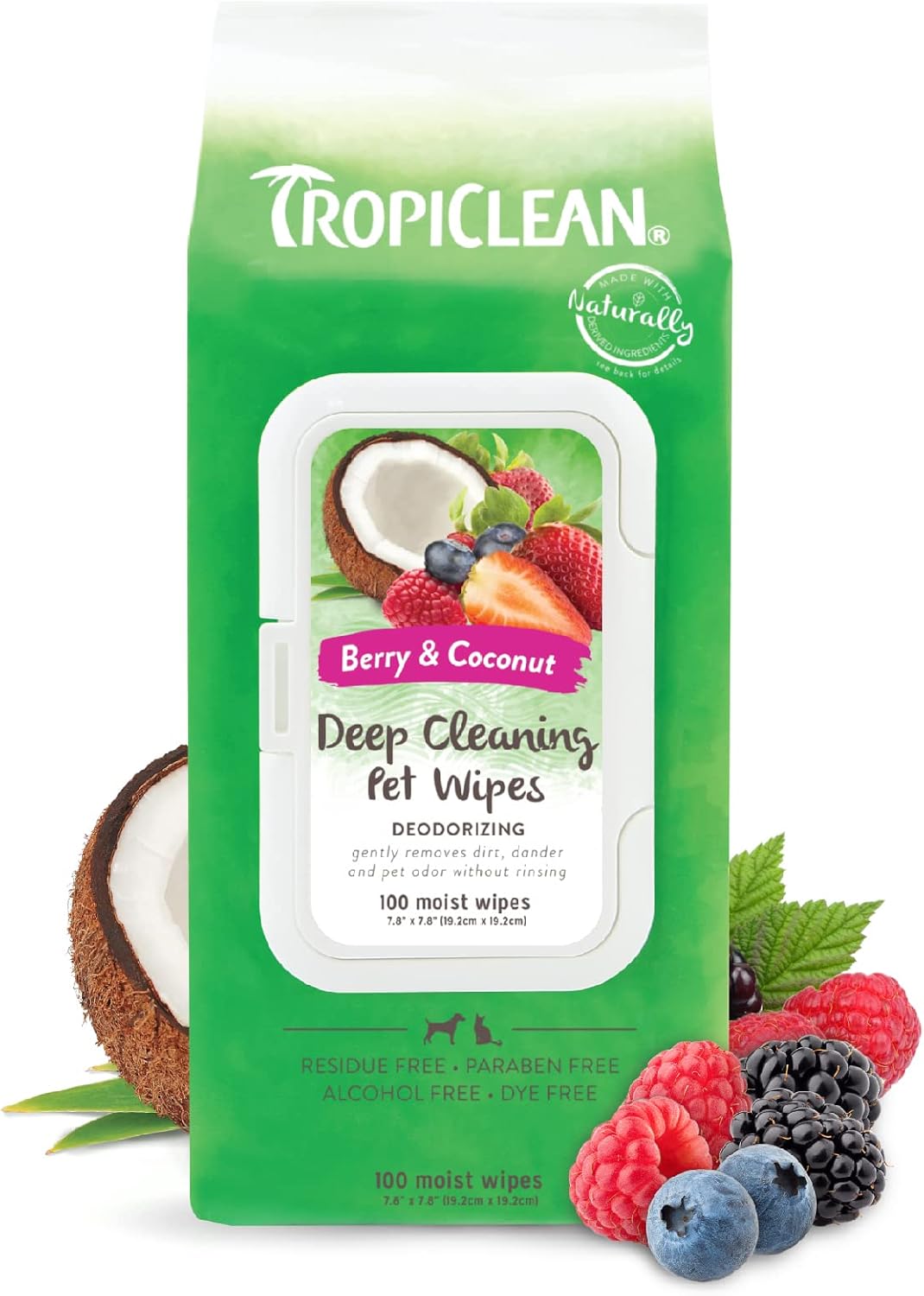 TropiClean Deep Cleaning Pet Wipes, 100ct - Wipes for Dogs & Cats - Gently Removes Dirt, Dander & Smells - for Pet Paws, Face, Body & Bottom - Sweet Berry & Coconut Scent