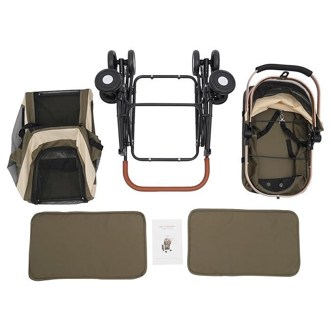 2-Layers Pet Stroller for 2 Cats/Dogs,Foldable Lightweight 77lbs Capacity Carrier, 4 Wheels, Removable Basket & Storage Pocket,for Small Pets (Green)