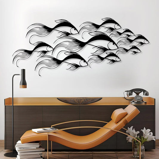 School of Fish Metal Wall Art, Metal Fish Wall Decor, Sea Life Wall Art, Large Nautical Wall Hanging, Modern Beach House Wall Decor, Ocean Themed Artwork for Bathroom (Black, 59"x25" | 150x64cm)