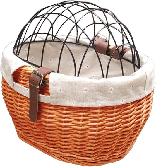 Shiker Bicycle Basket with Wire Mesh Cover, Wicker Bike Basket for Small Dogs Cats, Front Handlebar Bike Basket, Easy to Detachable, 11.81 x 9.84 inch