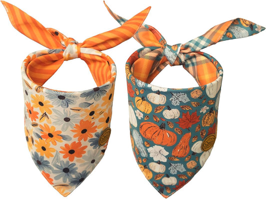 CROWNED BEAUTY Fall Dog Bandanas Reversible Large 2 Pack, Pumpkin Charm Set, Orange Adjustable Triangle Holiday Scarves for Medium Large Extra Large Dogs Boy Girl Pets DB185-L