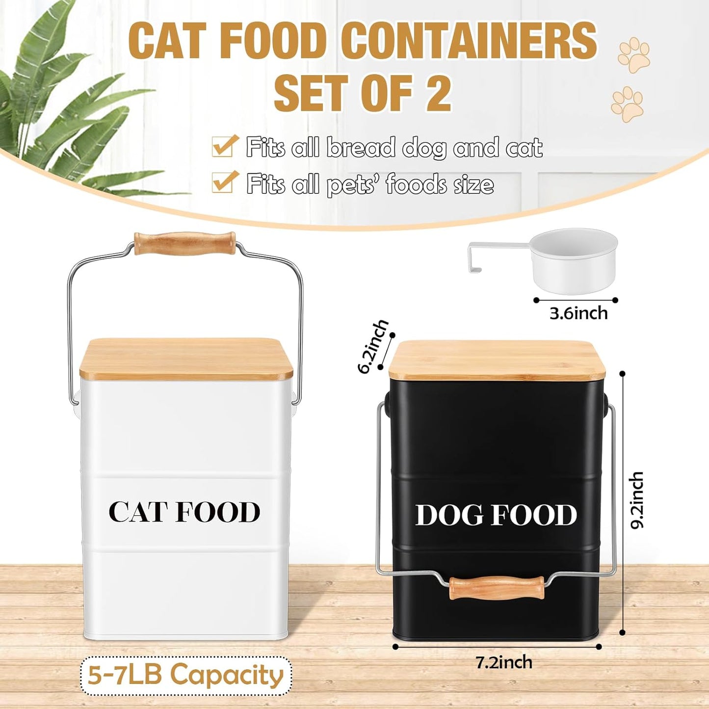 Tioncy 2 Pcs Metal Dog and Cat Food Storage Containers Big Pet Food Containers with Bamboo Lids and Spoon Airtight 5-7 Lbs Dog Cat Treat Snack Jars with DIY Labels for Kitchen Counter(White,Black)