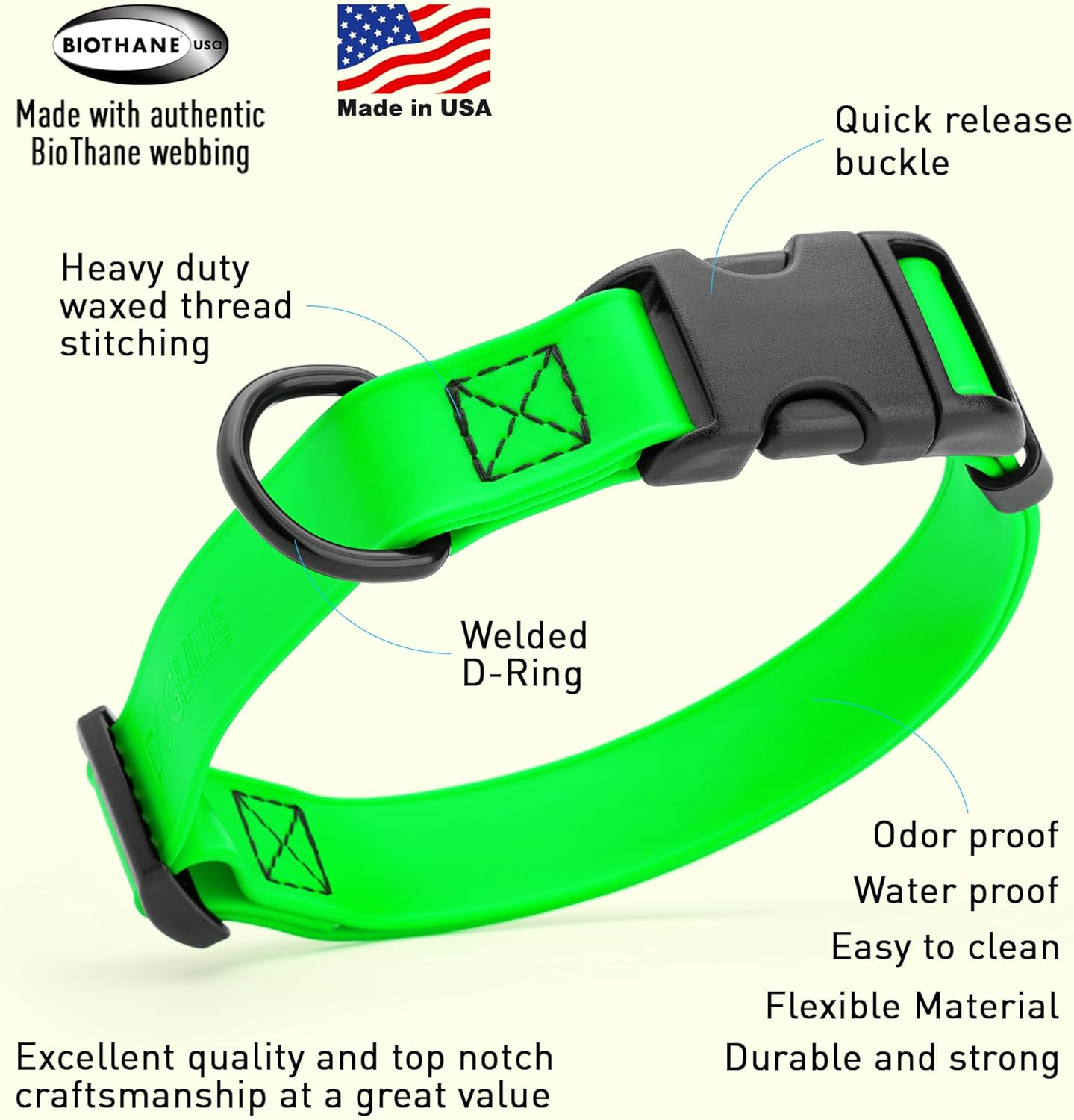 Dogline Biothane Waterproof Dog Collar with Quick Release Buckle Strong Coated Nylon Webbing with Odor- Proof for Easy Care Easy to Clean Fits Small Medium Large Dogs, Lime Green 3/4" W 12-19" L